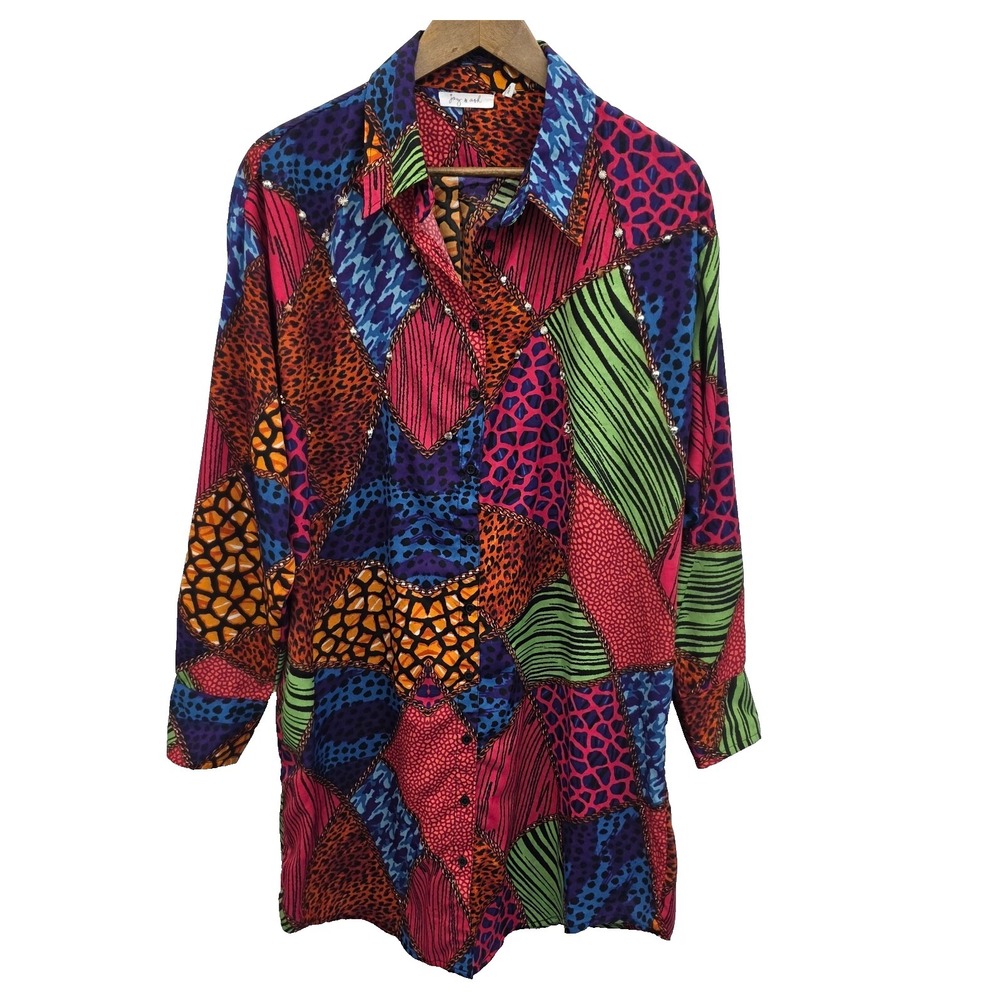 Joy & Ash‎ Patchwork Tunic Blouse Button Up Multicolor Long Sleeve L